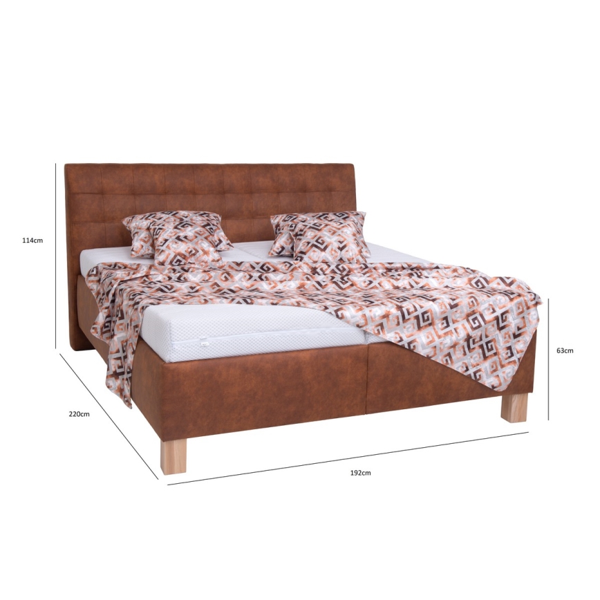 Cama estofada VIOLET 180x200 cm com colchão e espaço de arrumação, castanho conhaque