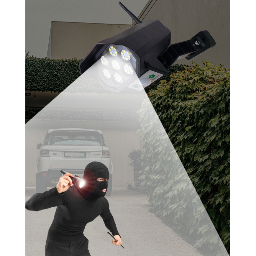 Câmera de segurança solar LED decorativa com sensor LED/3,7V 1200 mAh IP44 preta + controlo remoto