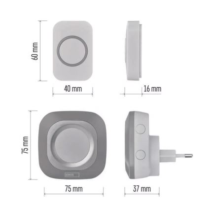 Campainha sem fios para tomada 230V + 1xCR2032 IP44 cinza