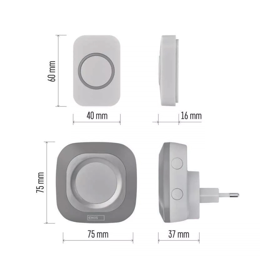 Campainha sem fios para tomada 230V + 1xCR2032 IP44 cinza