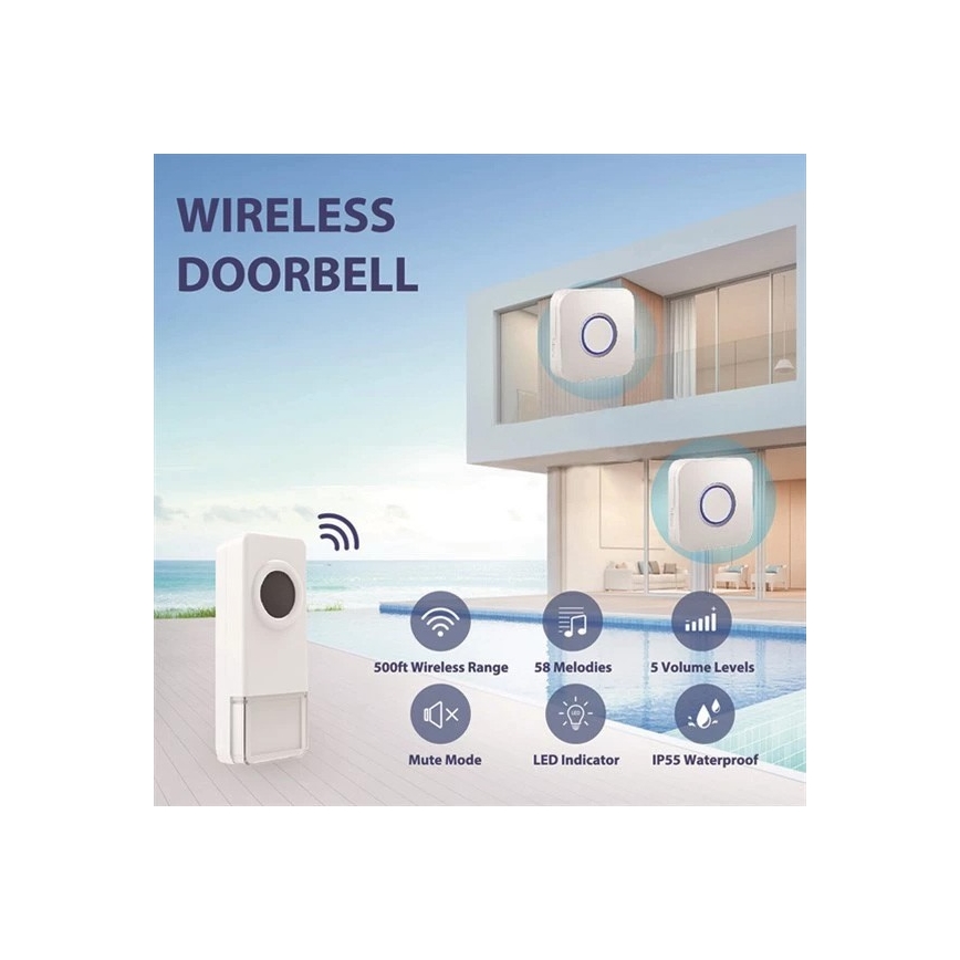 Campainha sem fios 3xAAA/1xA23 IP55 branco