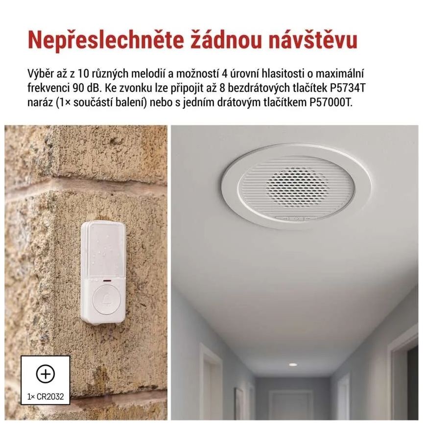 Campainha sem fios encastrada 230V + 1xCR2032 branca