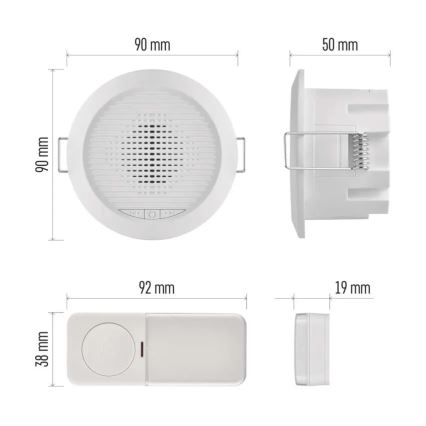 Campainha sem fios encastrada 230V + 1xCR2032 branca