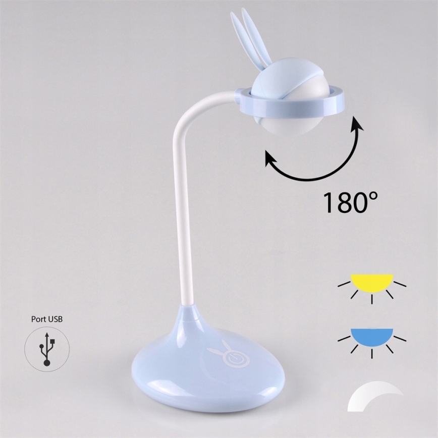 Candeeiro de criança LED de toque RABBIT LED/0,4W/5V 3000/6500K azul + USB