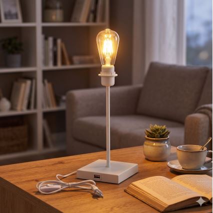 Candeeiro de mesa com porta USB, 1xE27/15W/230V, branco