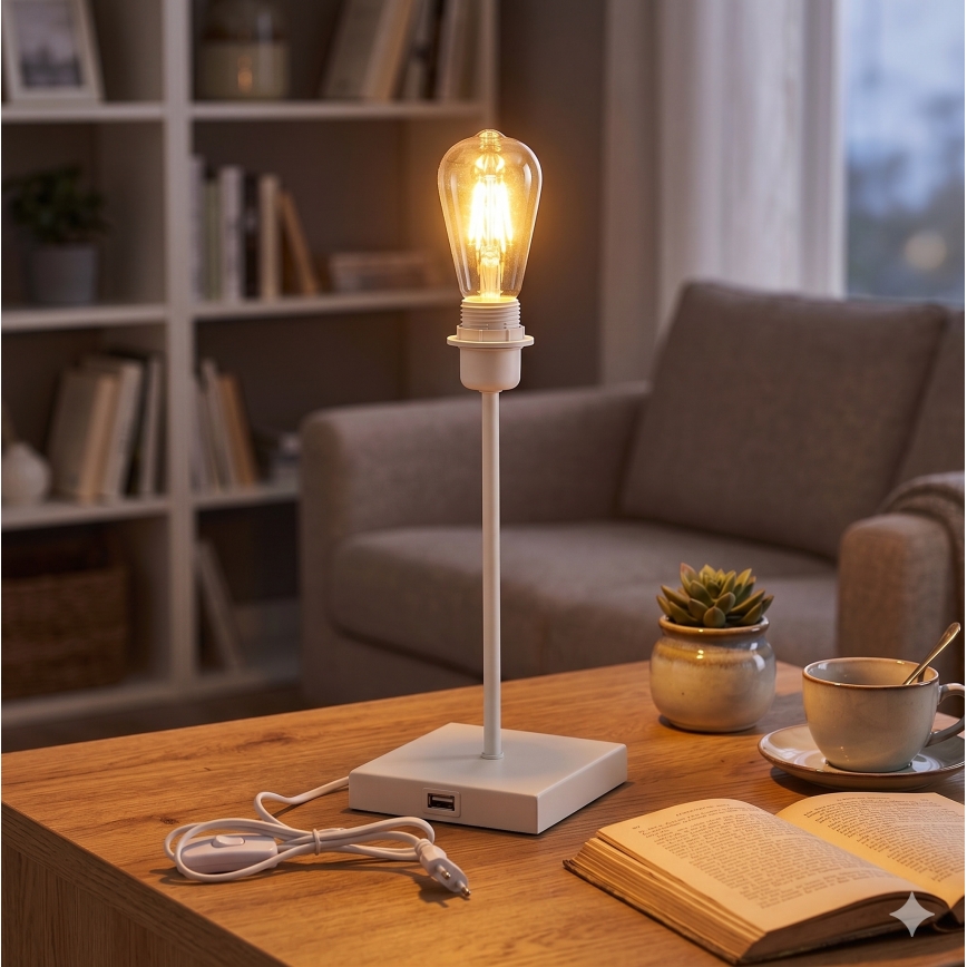 Candeeiro de mesa com porta USB, 1xE27/15W/230V, branco