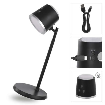 Candeeiro de mesa LED com regulação 4em1 LED/6W/3,7V 3000K/4000K/6500K 1500mAh preto
