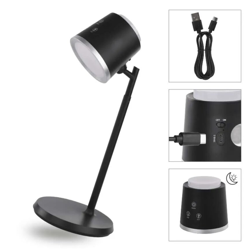 Candeeiro de mesa LED com regulação 4em1 LED/6W/3,7V 3000K/4000K/6500K 1500mAh preto