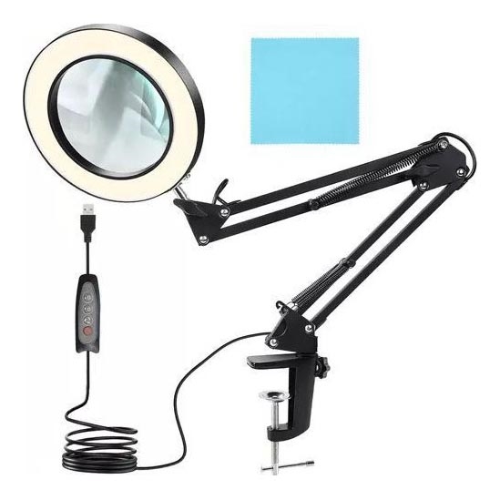 Candeeiro de mesa LED com regulação com uma lupa LED/6W/5V 3000K/4000K/6000K preto
