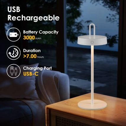 Candeeiro de mesa tátil recarregável regulável para exterior LED SHINE LED/1,5W/3,7V 3000 mAh IP44 branco