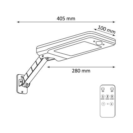 Candeeiro de rua solar LED com regulação e sensor LED/7W/7,4V + controlo remoto