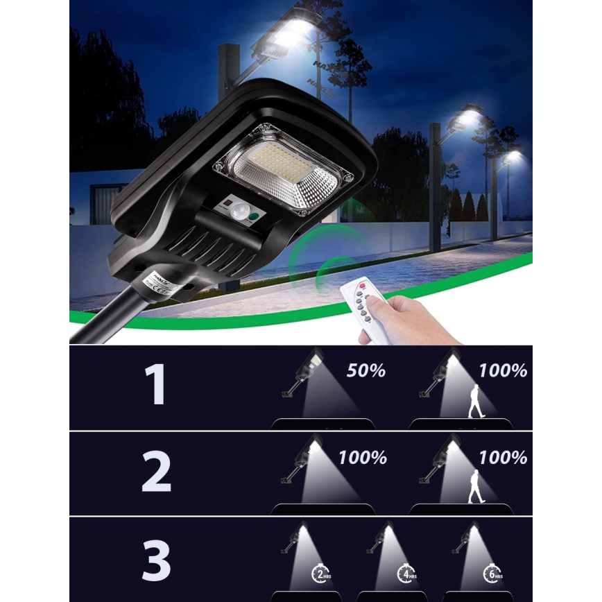 LED Candeeiro de rua solar regulável com sensor LED/60W/6V 5500 mAh 6500K IP65 preto + comando