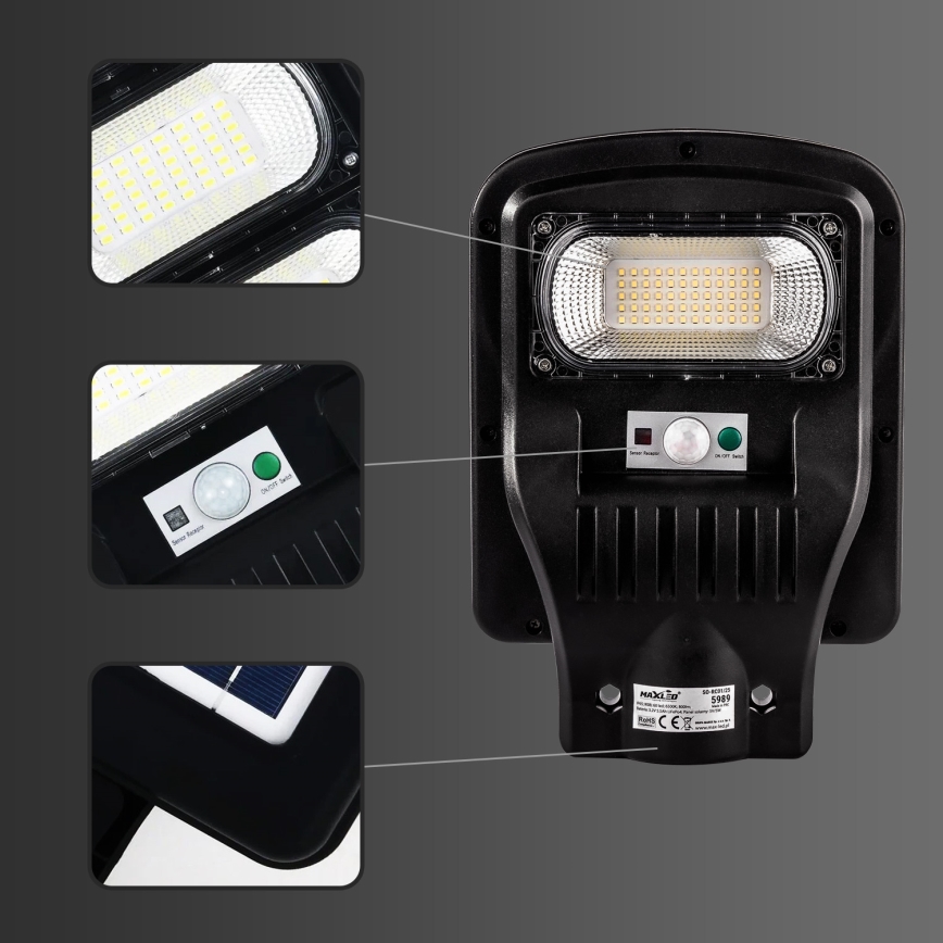 LED Candeeiro de rua solar regulável com sensor LED/60W/6V 5500 mAh 6500K IP65 preto + comando