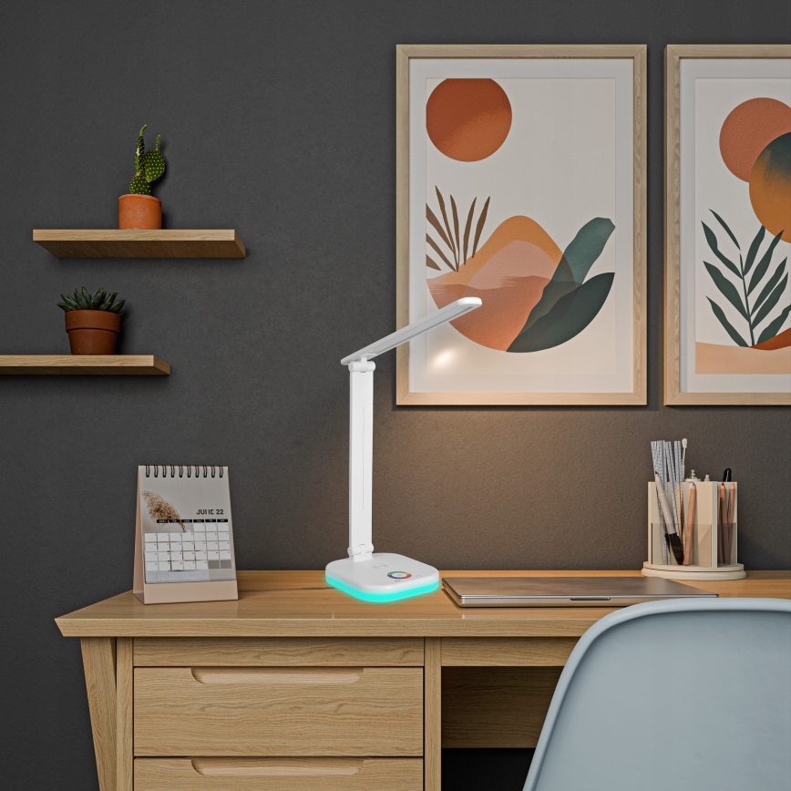 Candeeiro de secretária LED RGBW regulável com carregamento sem fios LED/7W/5V USB branco