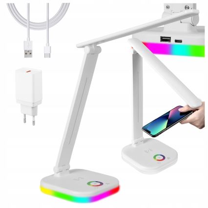 Candeeiro de secretária LED RGBW regulável com carregamento sem fios LED/7W/5V USB branco