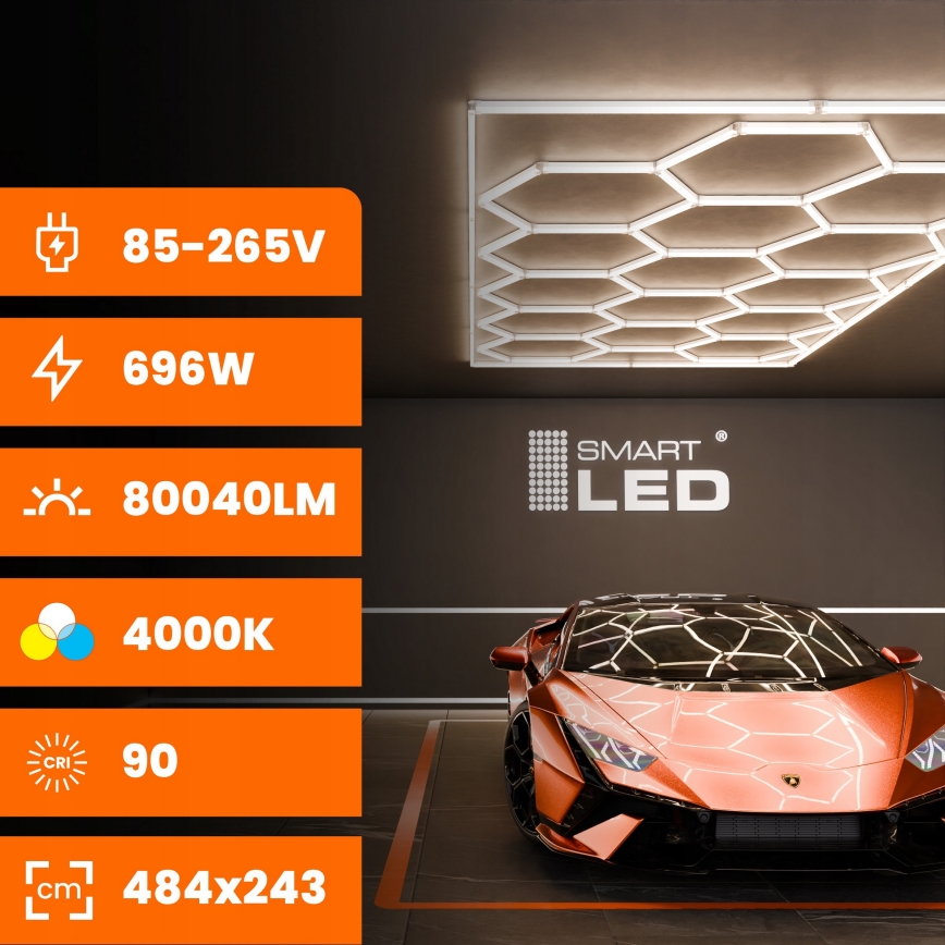 Luminária de teto LED HEXAGON LED/696W/85-265V 4000K 484x243 cm CRI 90 IP54 branca