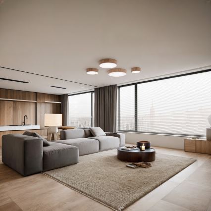 Candeeiro de tecto para casa de banho com sensor CLEO, 2x E27/24W/230V, diâmetro 27,5 cm, IP54, acabamento em carvalho