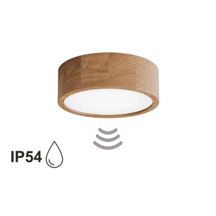 Candeeiro de tecto para casa de banho com sensor CLEO, 2x E27/24W/230V, diâmetro 27,5 cm, IP54, acabamento em carvalho