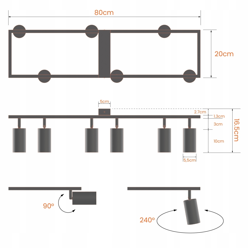Candeeiro de teto com 6 spots GU10, 30 W, 230 V — preto
