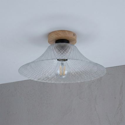 Candeeiro de teto JULL WOOD 1xE27/15W/230V, carvalho/vidro transparente, diâmetro 34 cm
