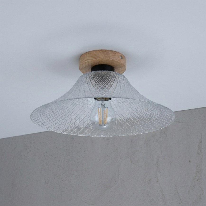 Candeeiro de teto JULL WOOD 1xE27/15W/230V, carvalho/vidro transparente, diâmetro 34 cm