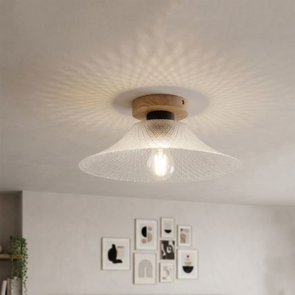 Candeeiro de teto JULL WOOD 1xE27/15W/230V, carvalho/vidro transparente, diâmetro 34 cm
