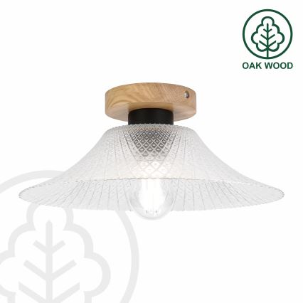 Candeeiro de teto JULL WOOD 1xE27/15W/230V, carvalho/vidro transparente, diâmetro 34 cm