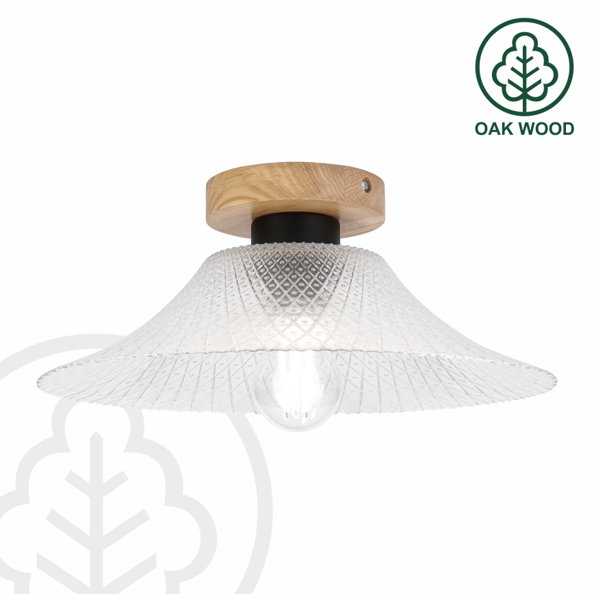 Candeeiro de teto JULL WOOD 1xE27/15W/230V, carvalho/vidro transparente, diâmetro 34 cm