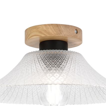 Candeeiro de teto JULL WOOD 1xE27/15W/230V, carvalho/vidro transparente, diâmetro 34 cm
