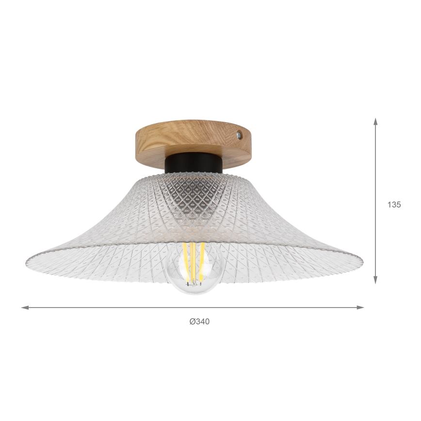 Candeeiro de teto JULL WOOD 1xE27/15W/230V, carvalho/vidro transparente, diâmetro 34 cm