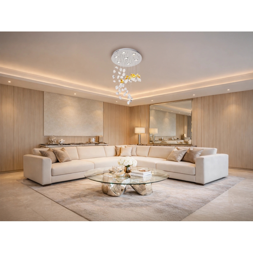 Candeeiro de teto de cristal LED AVARA LED/24W/230V Ø 40 cm cromado brilhante + controlo remoto