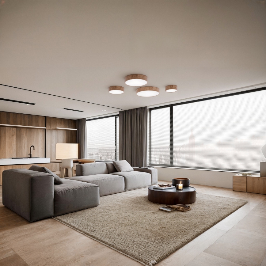 Candeeiro de teto para casa de banho com sensor CLEO, 4xE27/24W/230V, Ø 47,5 cm, IP54, carvalho