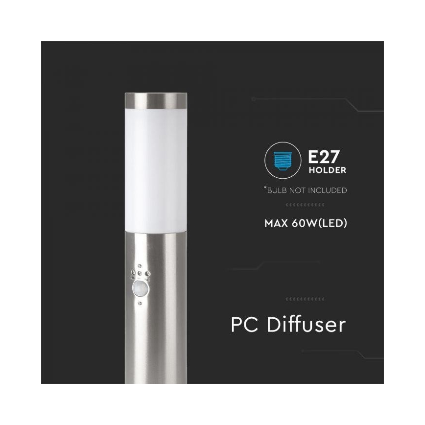 Candeeiro exterior com sensor 1xE27/60W/230V IP44 45cm mate cromado