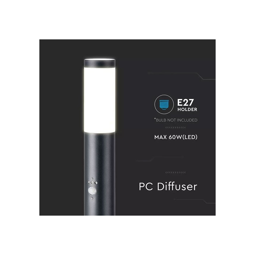 Candeeiro exterior com sensor 1xE27/60W/230V IP44 80cm preto