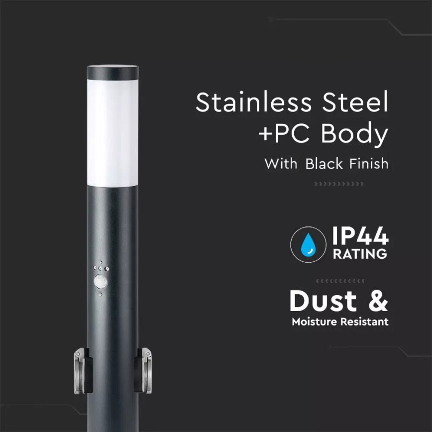 Candeeiro exterior com sensor e 2 tomadas SCHUKO 1xE27/60W/230V IP44 60cm preto