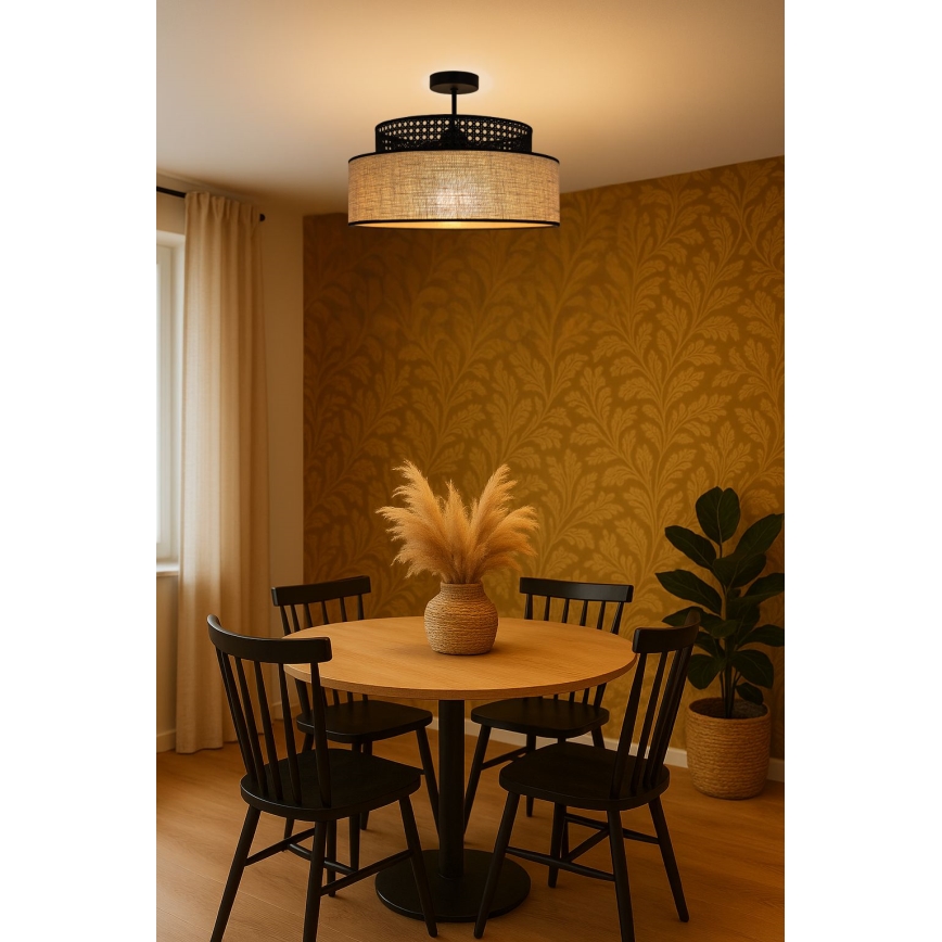 Candeeiro integrado BOHO 1xE27/60W/230V diâmetro 40 cm preto/vime