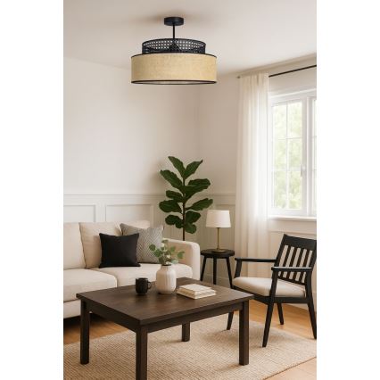 Candeeiro integrado BOHO 1xE27/60W/230V diâmetro 40 cm preto/vime