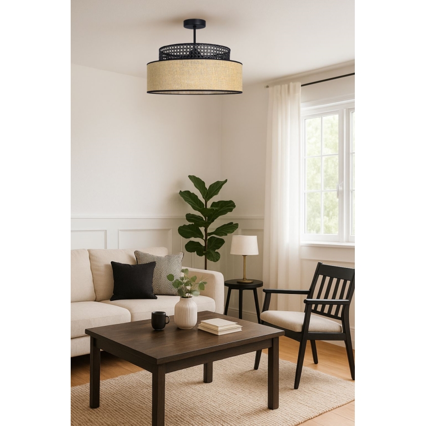 Candeeiro integrado BOHO 1xE27/60W/230V diâmetro 40 cm preto/vime