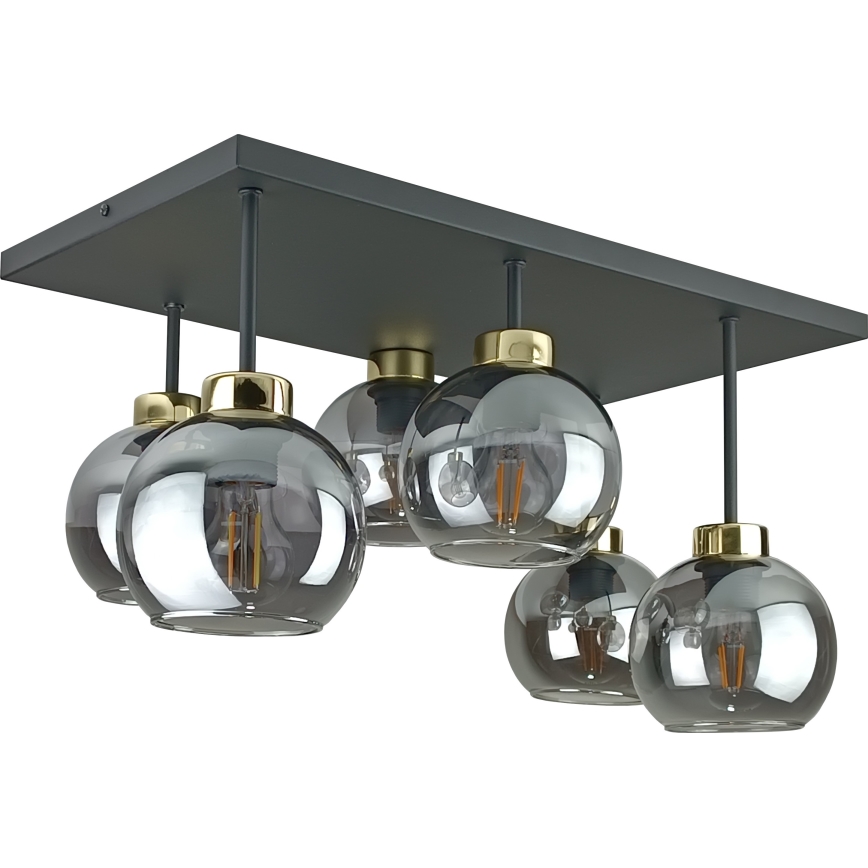 Candeeiro integrado NESSA 6xE27/60W/230V preto/dourado/fumado preto