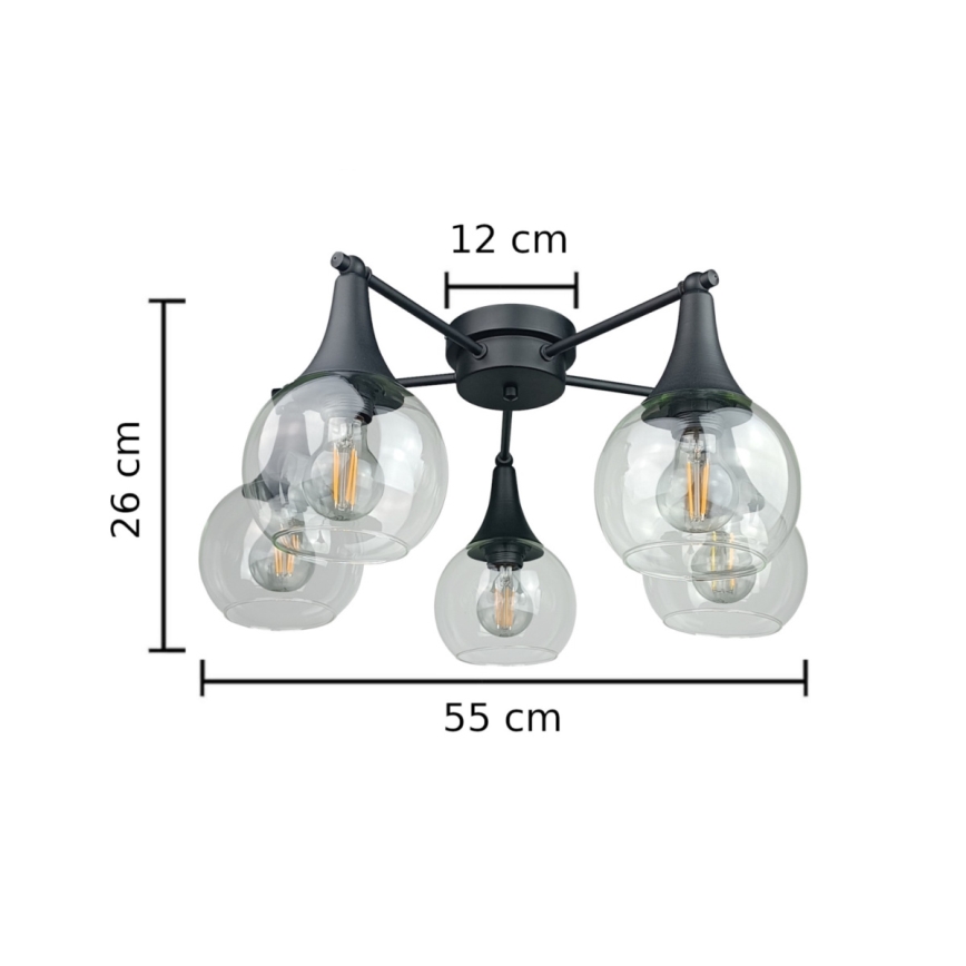 Candeeiro integrado STAR 5xE27/60W/230V preto/transparente