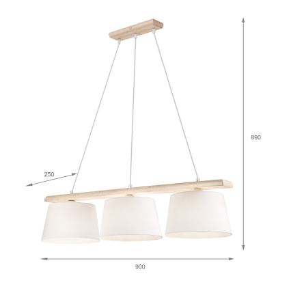 Candeeiro pendente AIDA com cabo, 3x E27/60W/230V, diâmetro 25 cm, carvalho/branco