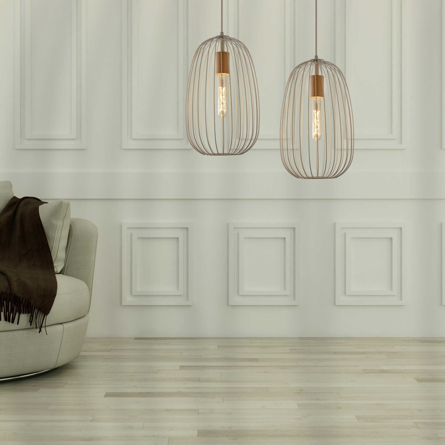 Candeeiro pendente em cabo OVELLA 1xE27/15W/230V Ø 25 cm creme/pinho
