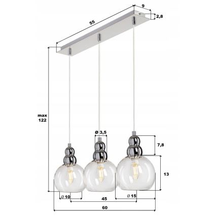 Candeeiro suspenso AKSO 3xE14/40W/230V prateado