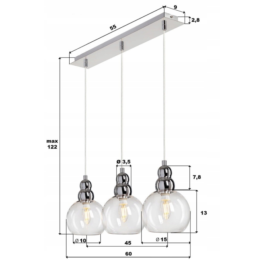 Candeeiro suspenso AKSO 3xE14/40W/230V prateado
