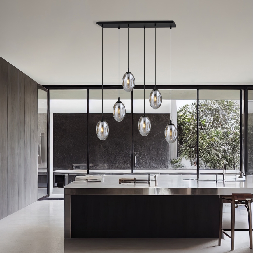 Candeeiro suspenso ASTRAL 6xE14/10W/230V preto/fumado