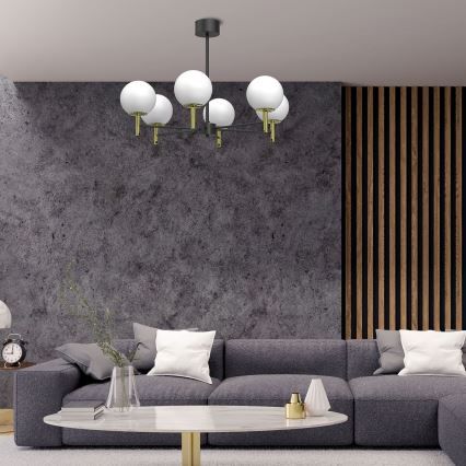 Candeeiro suspenso AWINION 6xE27/15W/230V branco/dourado/preto