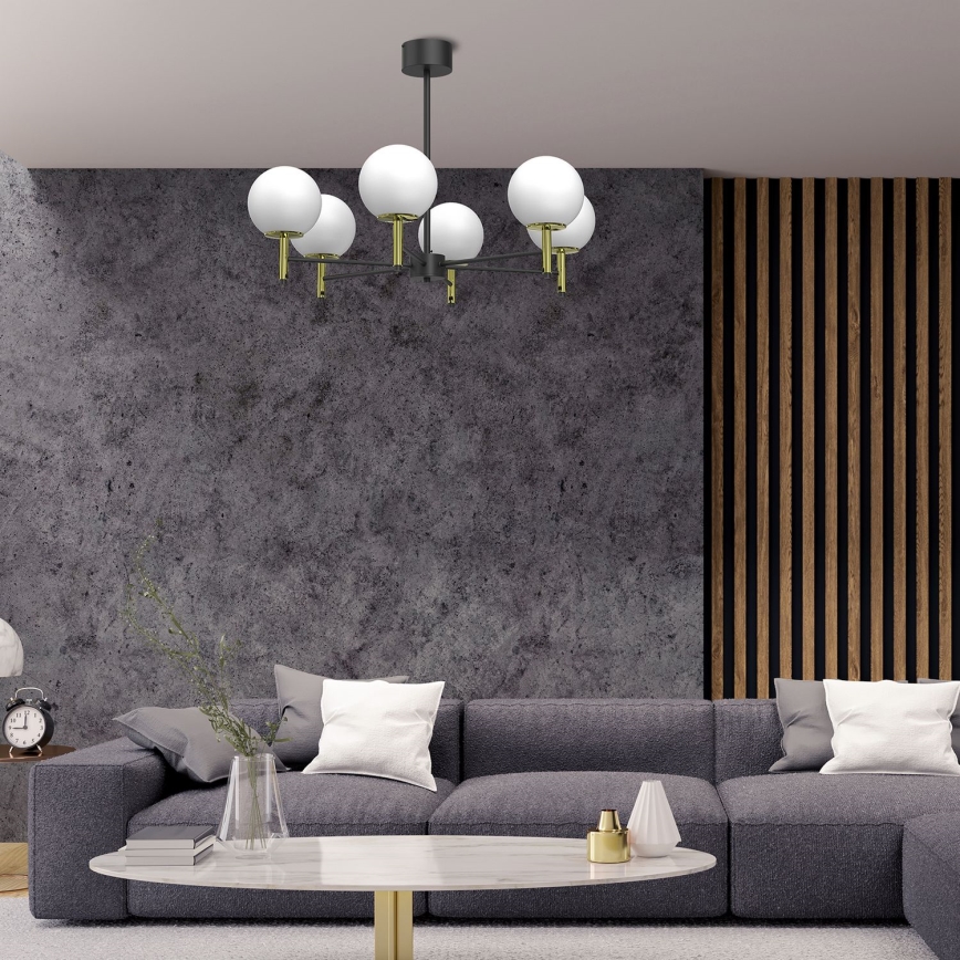 Candeeiro suspenso AWINION 6xE27/15W/230V branco/dourado/preto