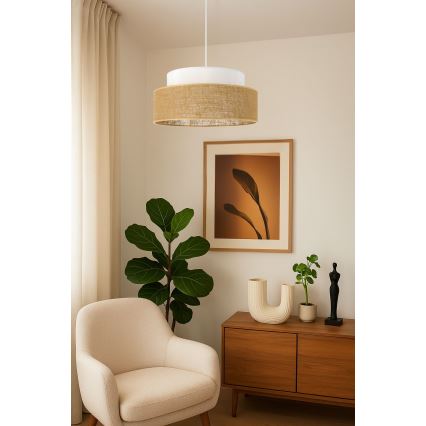 Candeeiro suspenso BOHO 1xE27/60W/230V diâmetro 40 cm branco/bege
