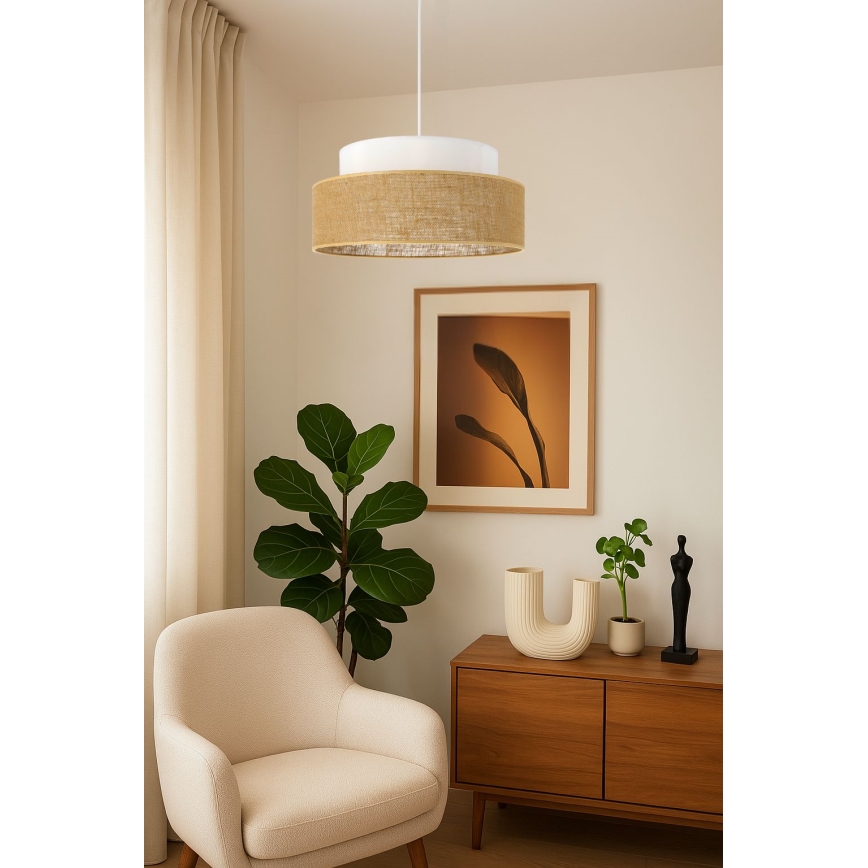 Candeeiro suspenso BOHO 1xE27/60W/230V diâmetro 40 cm branco/bege