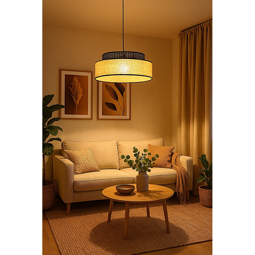Candeeiro suspenso BOHO 1xE27/60W/230V diâmetro 40 cm preto/vime